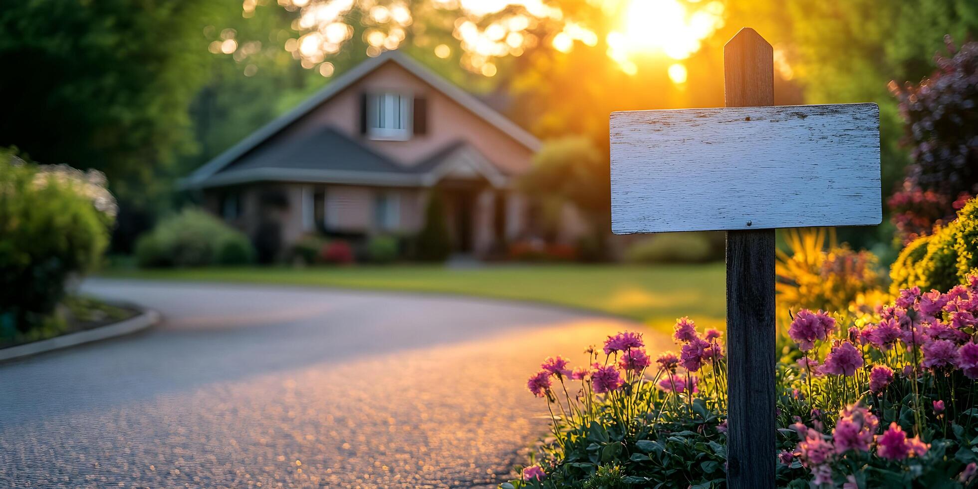 Blank signpost in front of house at sunset. photo