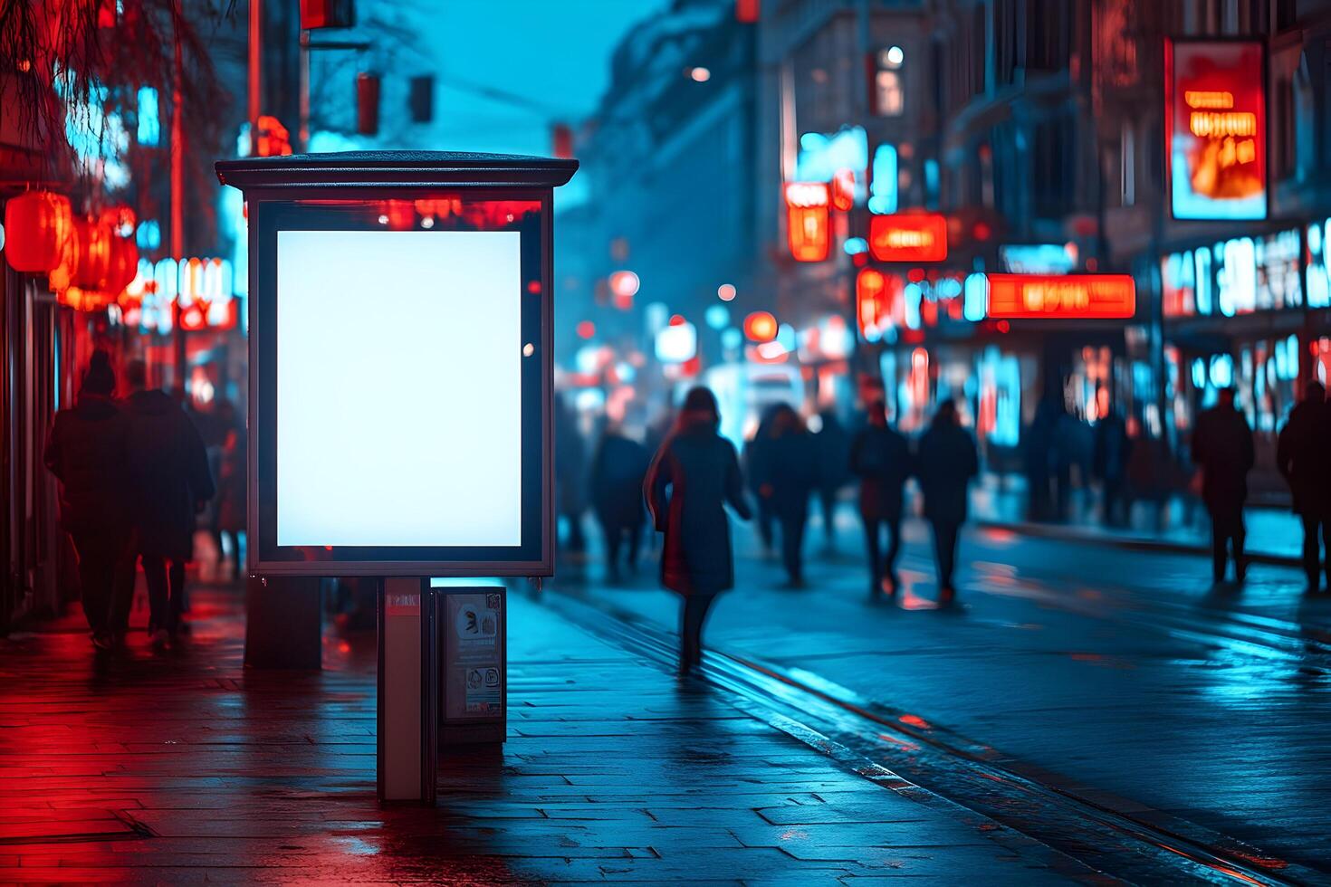 Blank billboard on city street at night. photo