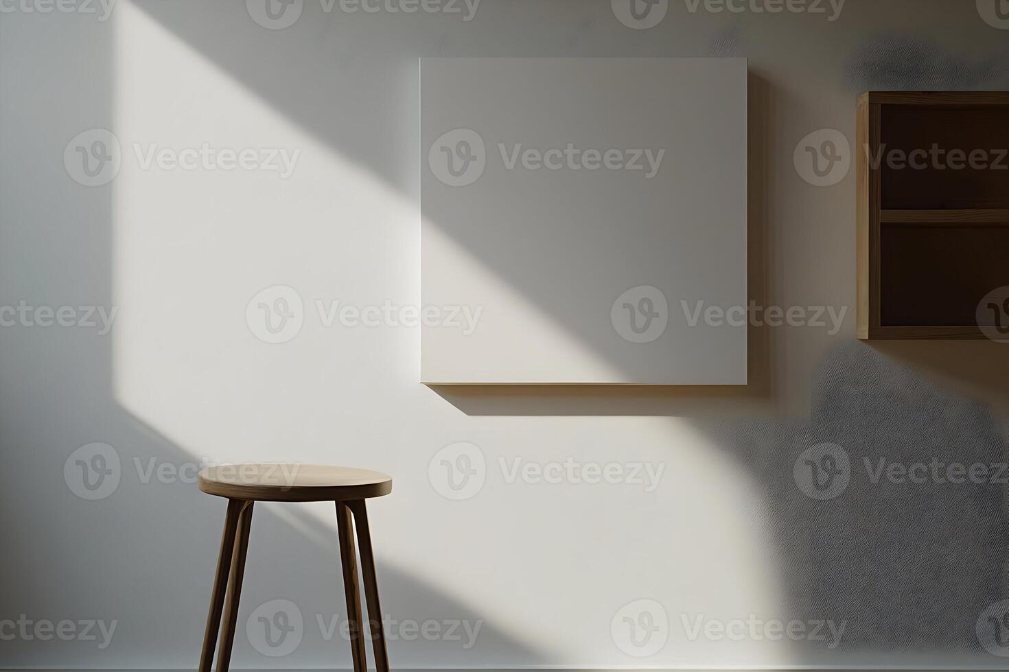 Sunlight illuminates a blank canvas, stool, and shelf in a minimalist room. photo