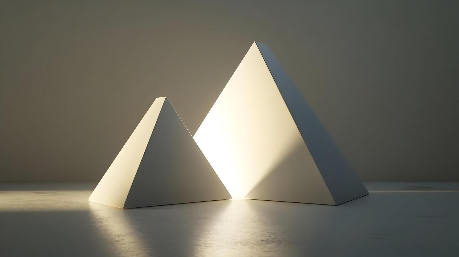 Two white pyramids illuminated, one smaller than the other, on a reflective surface. photo