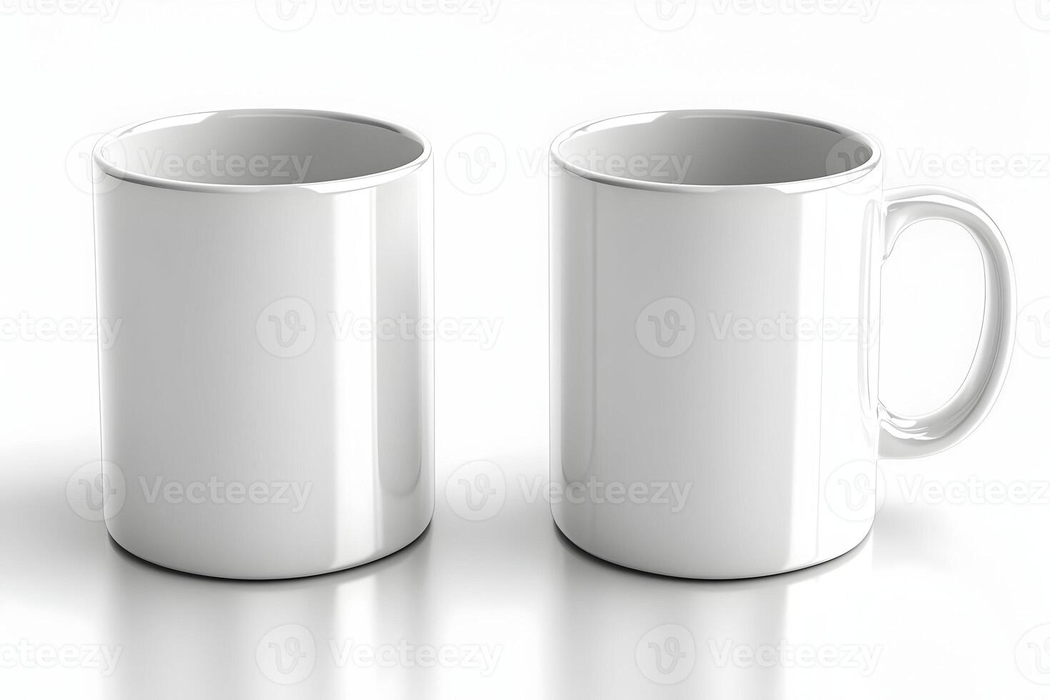 Two blank white mugs, one with handle, isolated on white background. photo