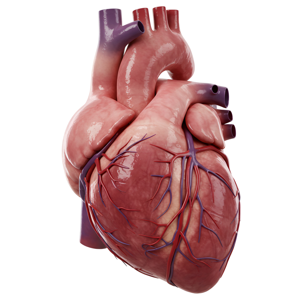 features a realistic 3D rendering of a human heart on a transparent background png
