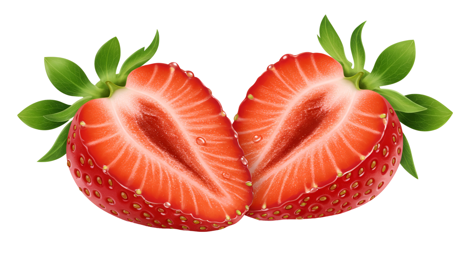 Two strawberries are cut in half on a black background png