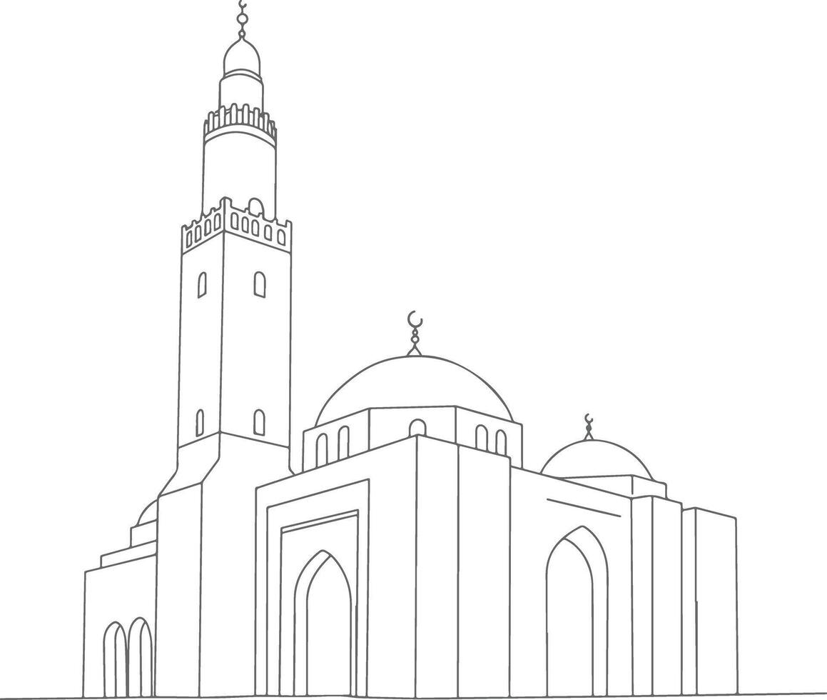 Minimalist Line Art Illustration of the Historic Mosque of Ibn Tulun in Cairo, Showcasing Traditional Islamic Architecture with Grand Domes and Towering Minaret vector