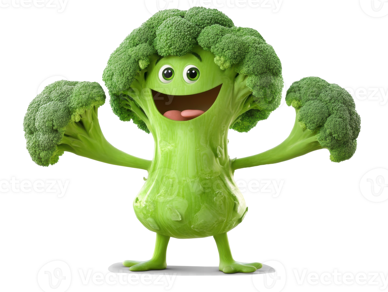 Broccoli character with joyful expression and outstretched arms png