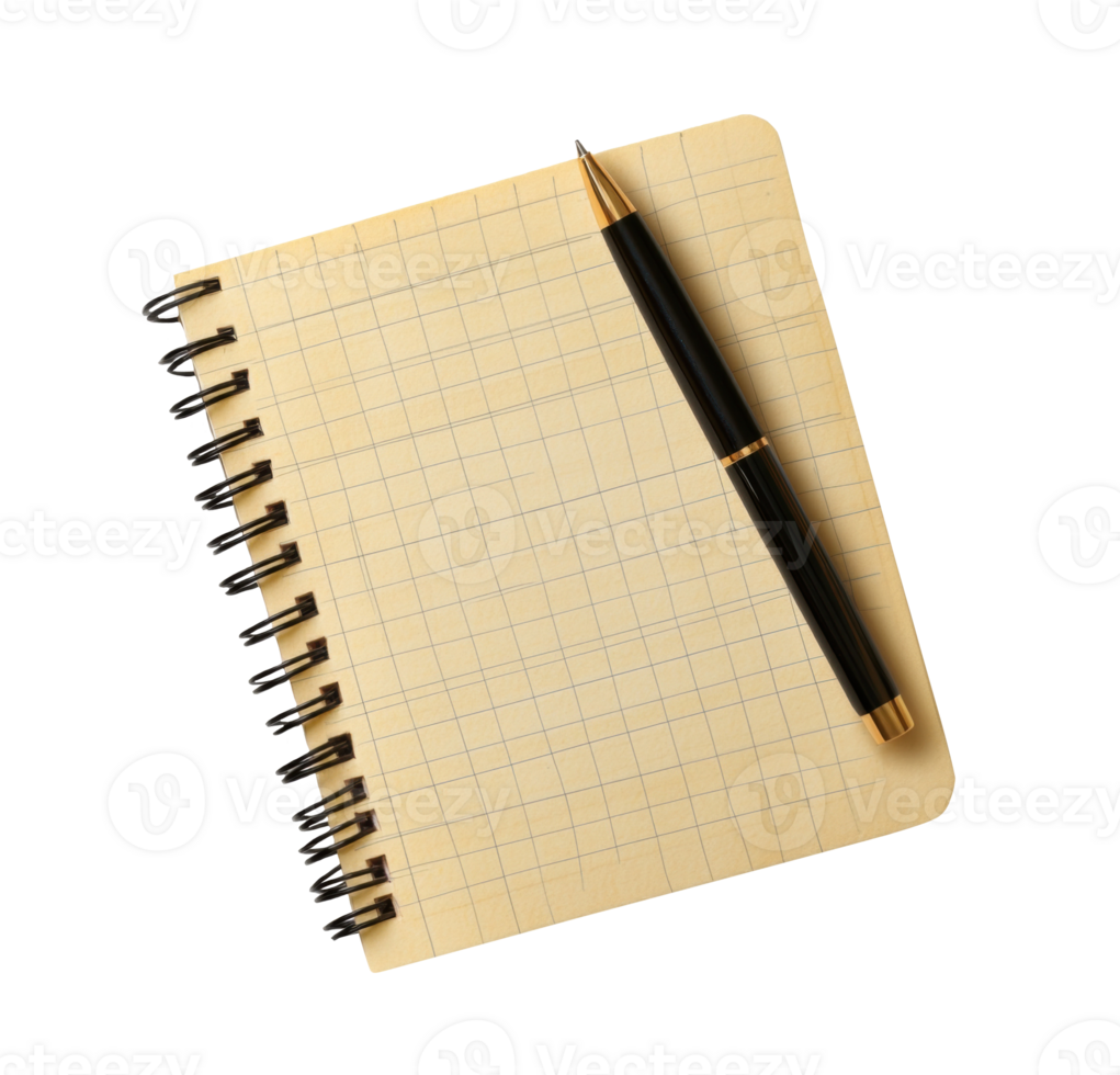 Black pen resting on a blank grid-pattern notebook png