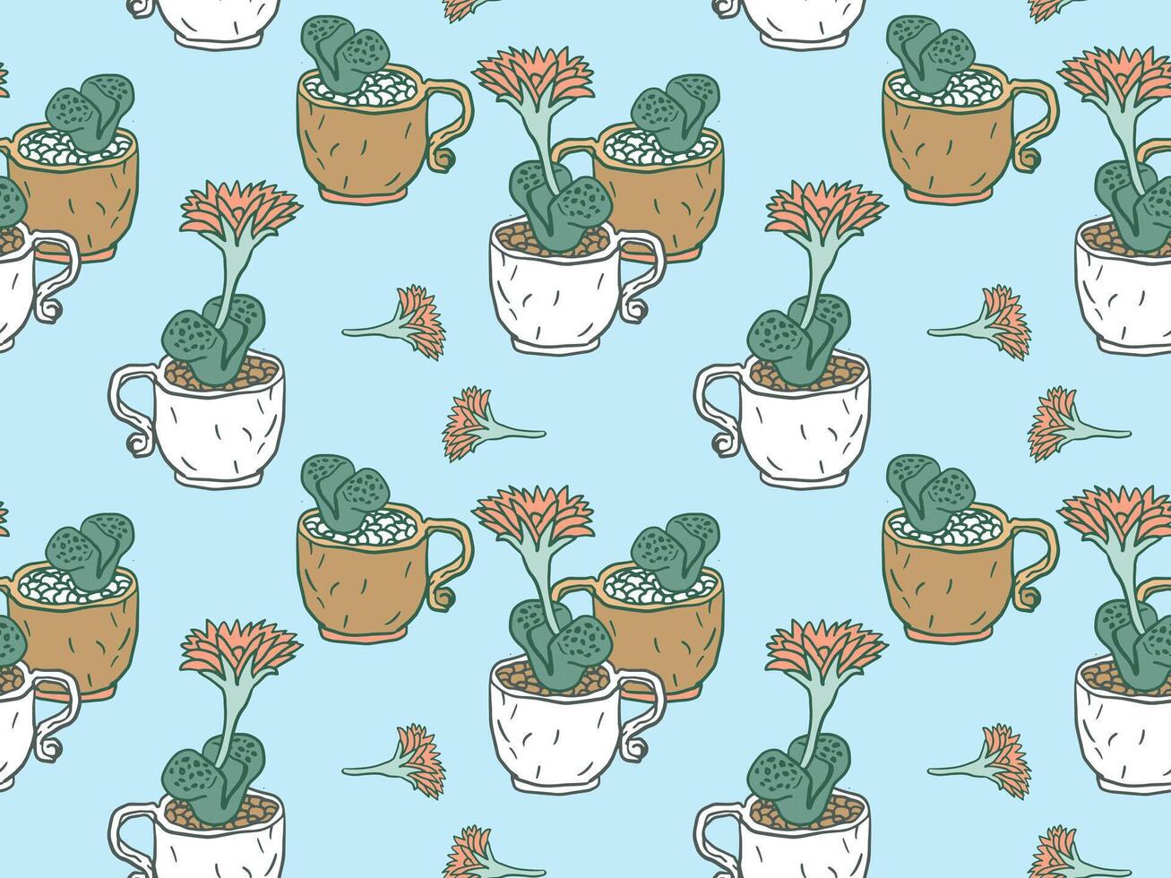 seamless pattern of succulents blooming in teacups, set against a soft blue background. Ideal for textiles, stationery, gift wraps, or digital prints. vector