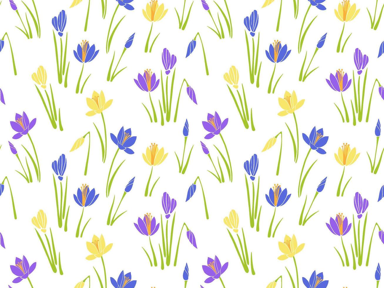 seamless pattern vibrant crocus flowers in yellow, purple, and blue hues with fresh green white background. Perfect for spring-themed wrapping paper, fabric, wallpapers, stationery, or digital designs vector