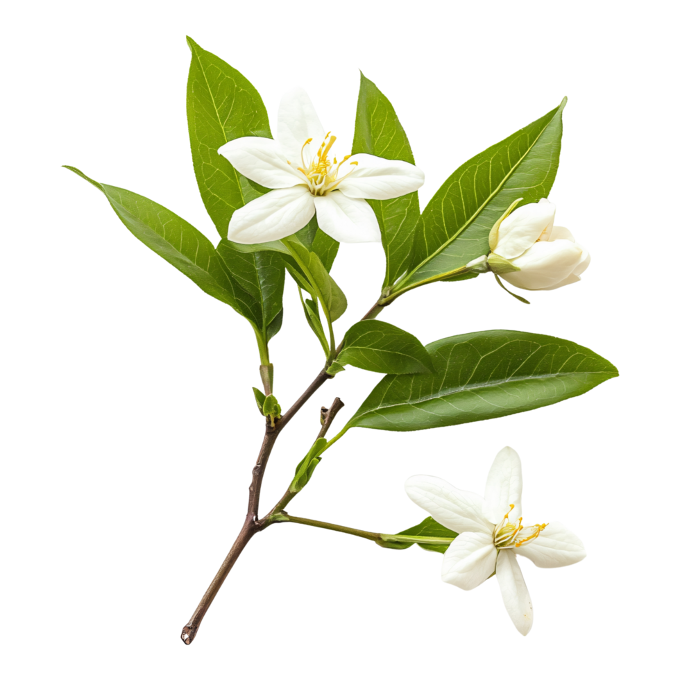 Flower blossom branch with white petals and green leaves isolated on transparent background png