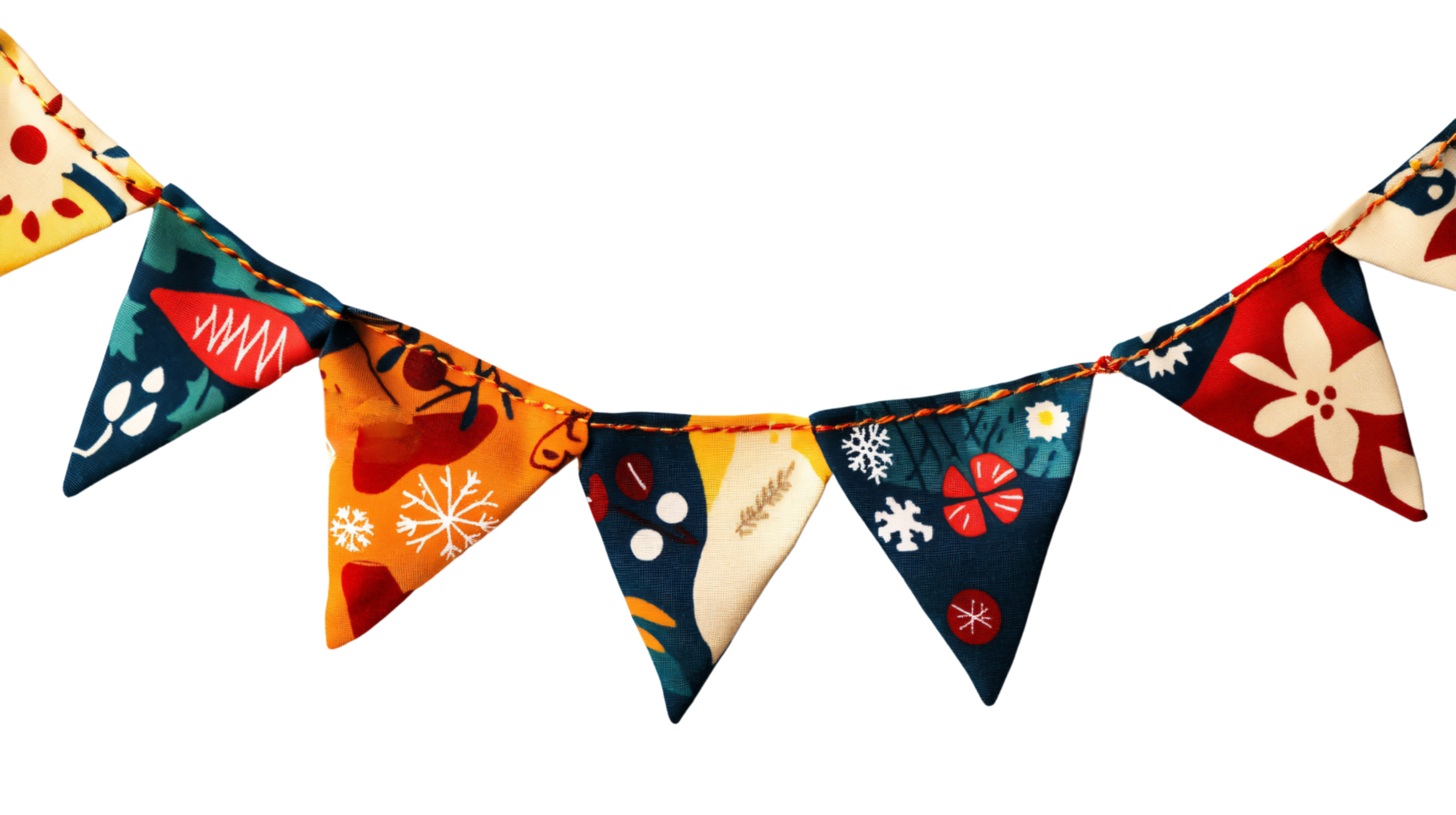 Bunting garland flag with festive Christmas patterns and colors isolated on transparent background png