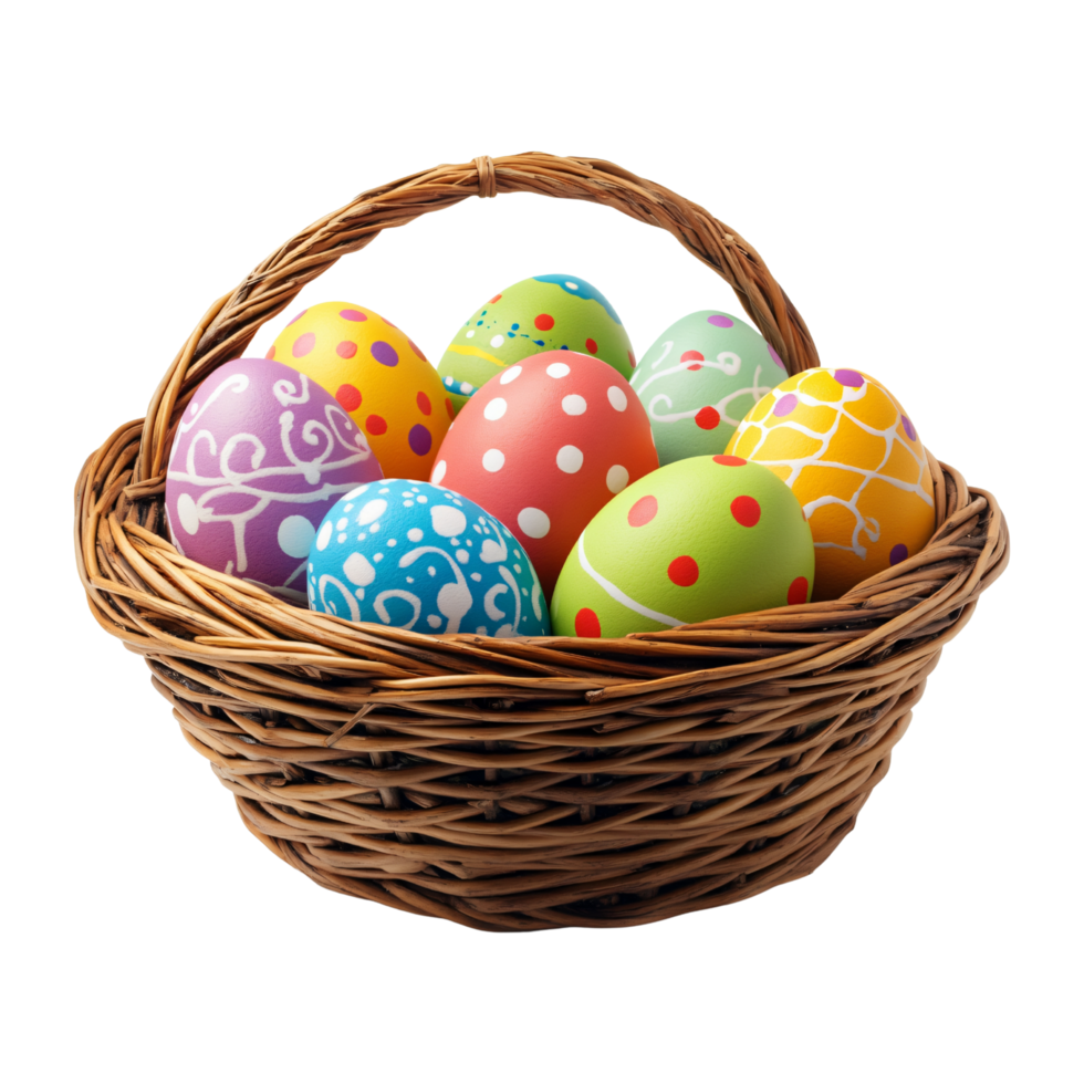 Woven wicker basket with colorful decorated Easter eggs, isolated on transparent background png