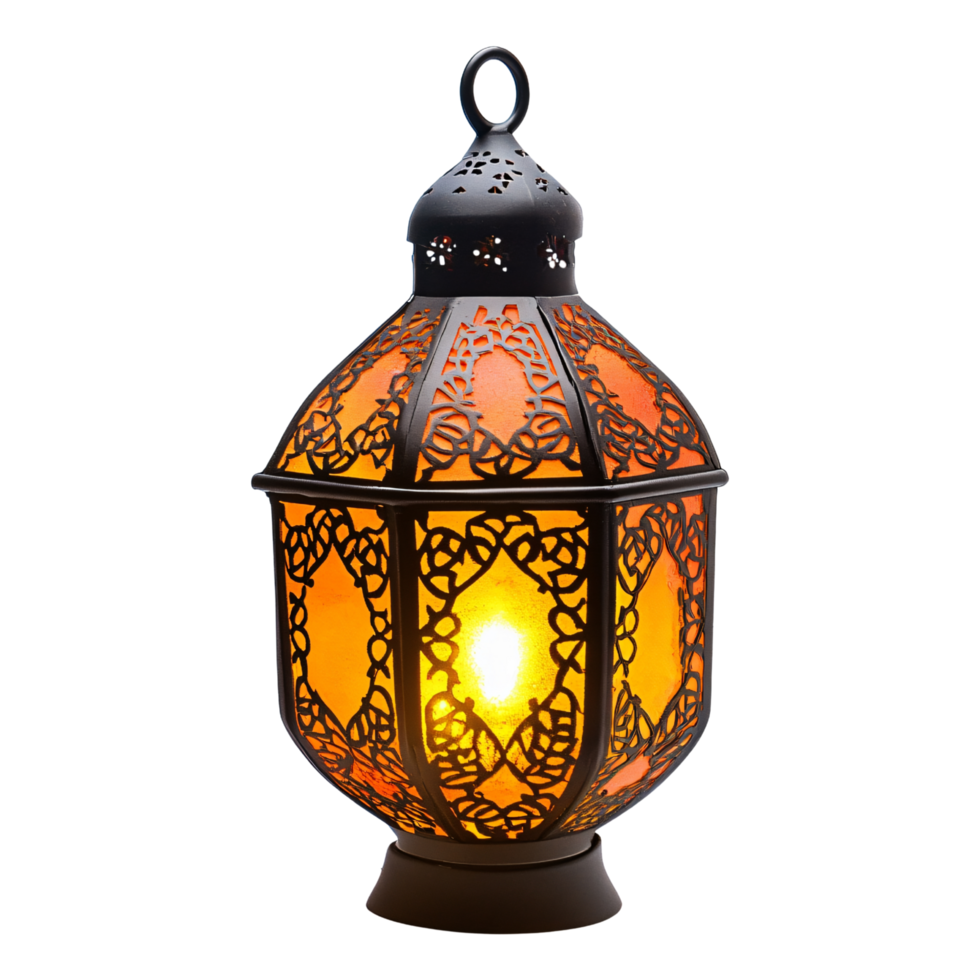 Arabic Ramadan lantern with intricate metal design, glowing warm light isolated on transparent background png
