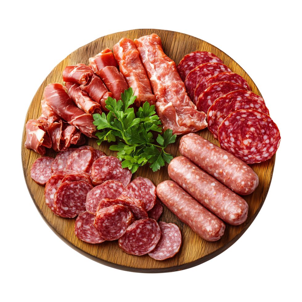 Top view platter slices raw assorted meat sausage, garnished with herbs on circular wood cutting board isolated on transparent background png