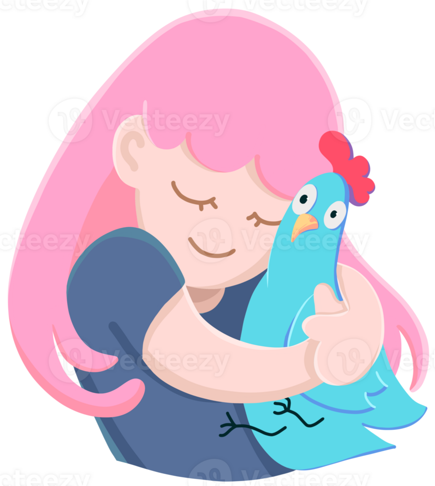 A girl with a pink bow hugging an Easter chicken with a surprised expression png