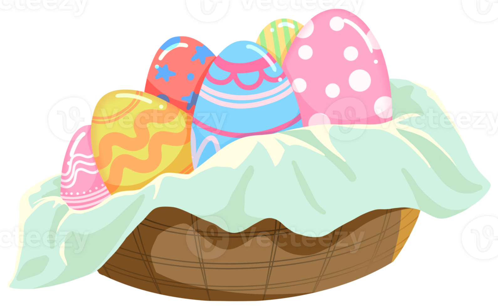 A basket full of colorful and patterned Easter eggs png