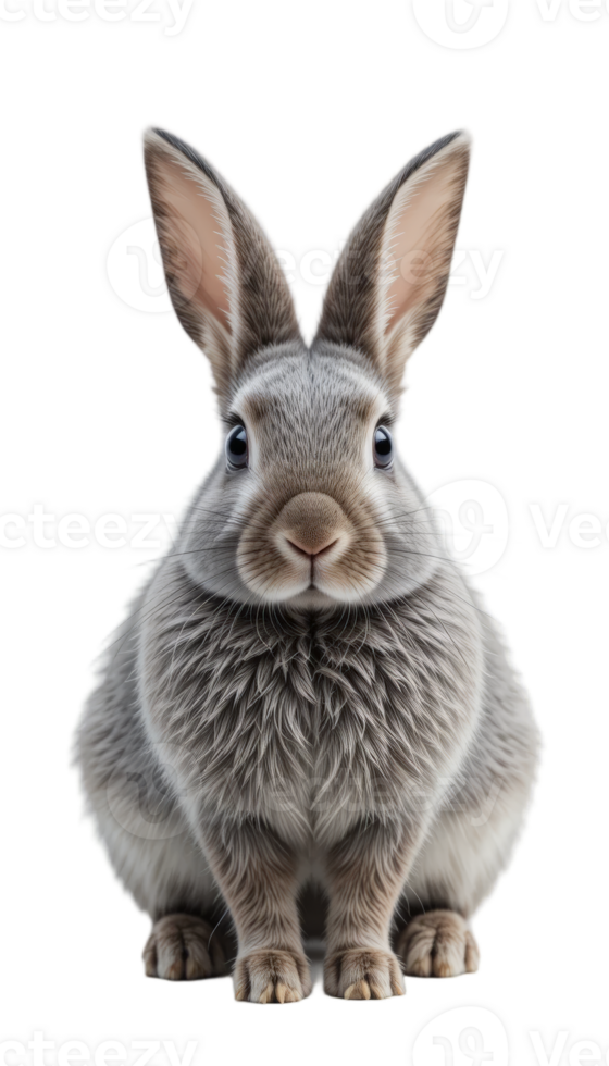 A gray rabbit in a cutout image sitting and looking forward. Perfect for Easter, spring, or animal themes. png