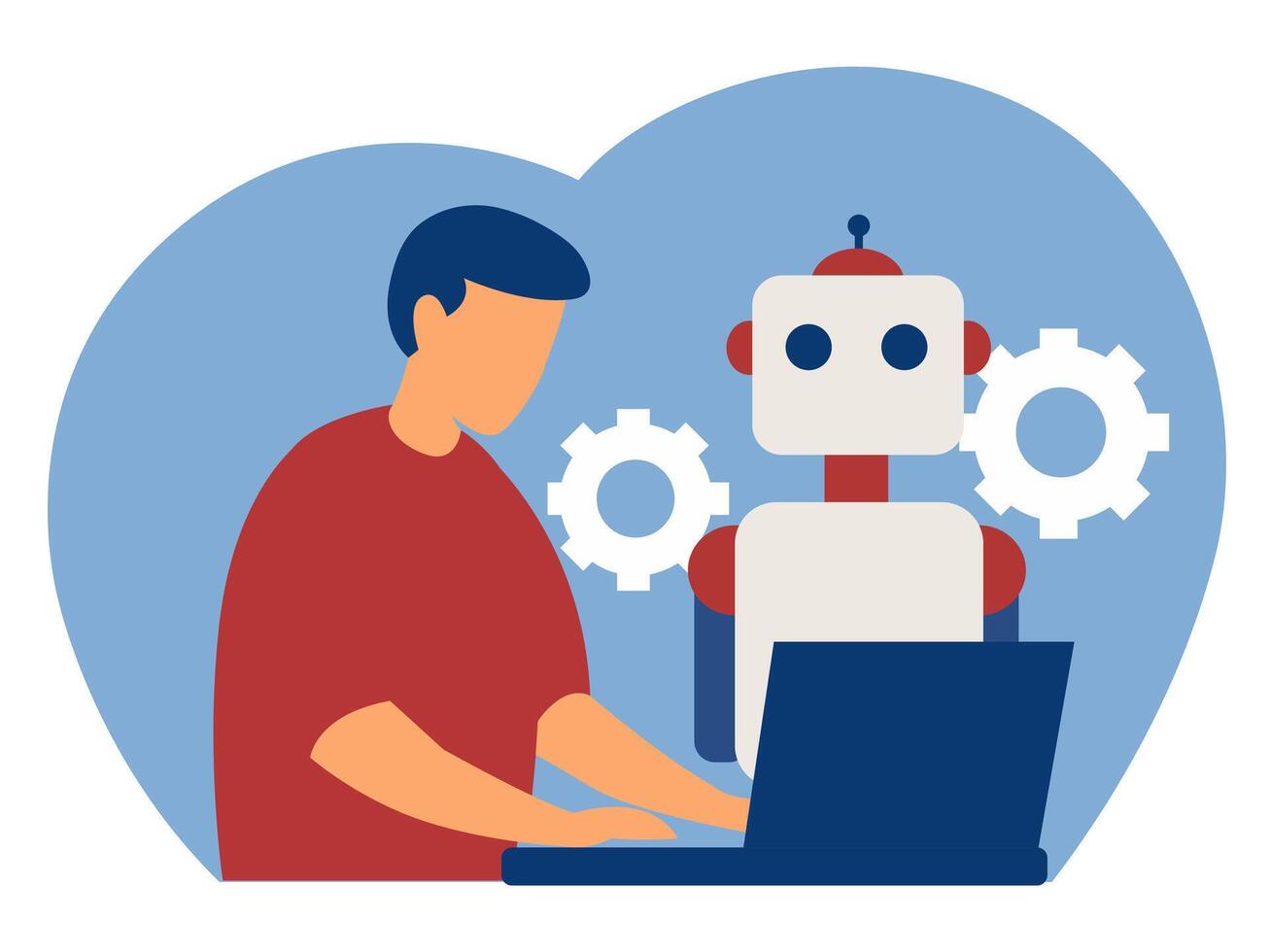 Human and robot working together at a laptop - the concept of artificial intelligence. vector