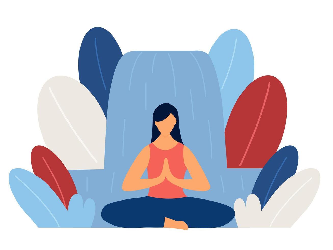 Woman meditating in lotus position with waterfall background. vector