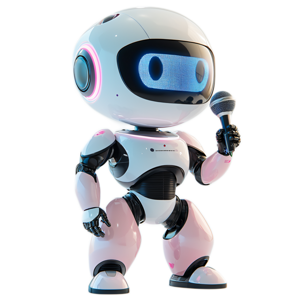 Cute futuristic robot character holding microphone ready to perform in vibrant digital environment png