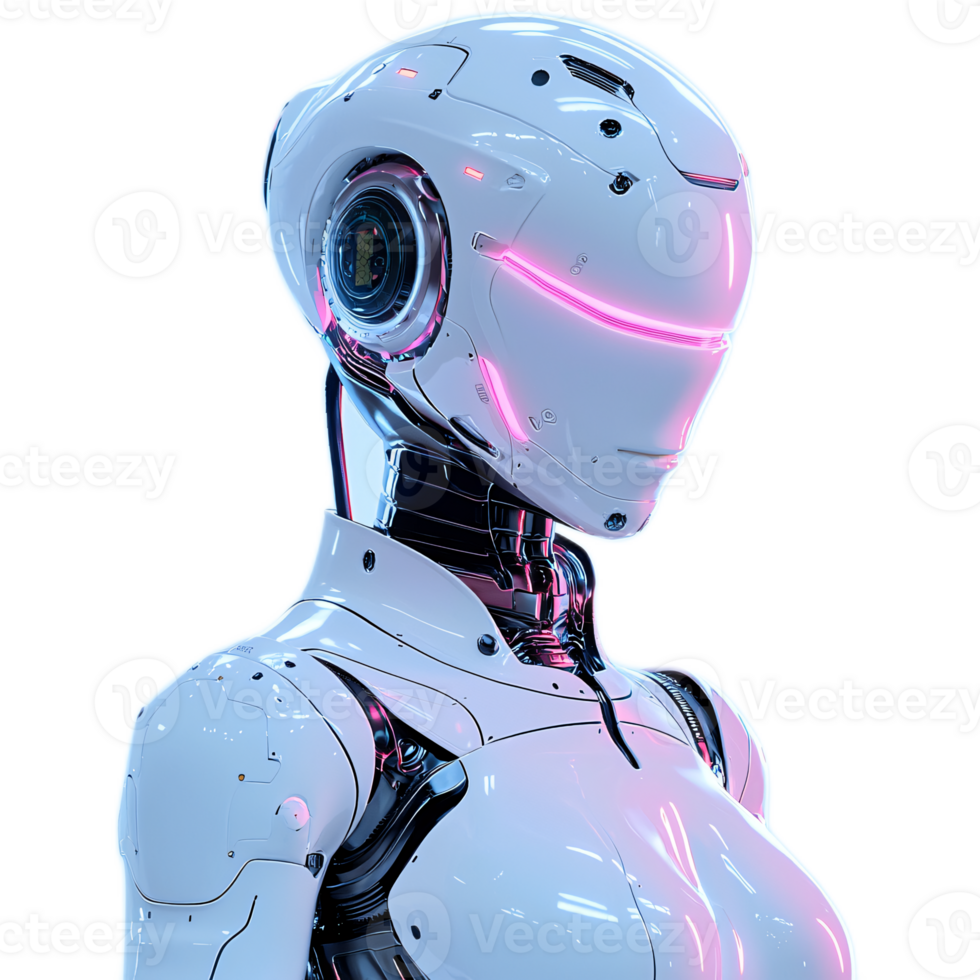 Futuristic humanoid robot head with sleek design and glowing elements in a modern style png