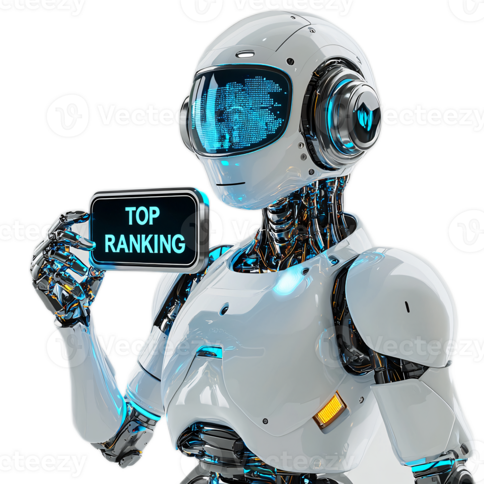 Futuristic Robot Displaying a Top Ranking Sign with Glowing Elements and a High-Tech Design png