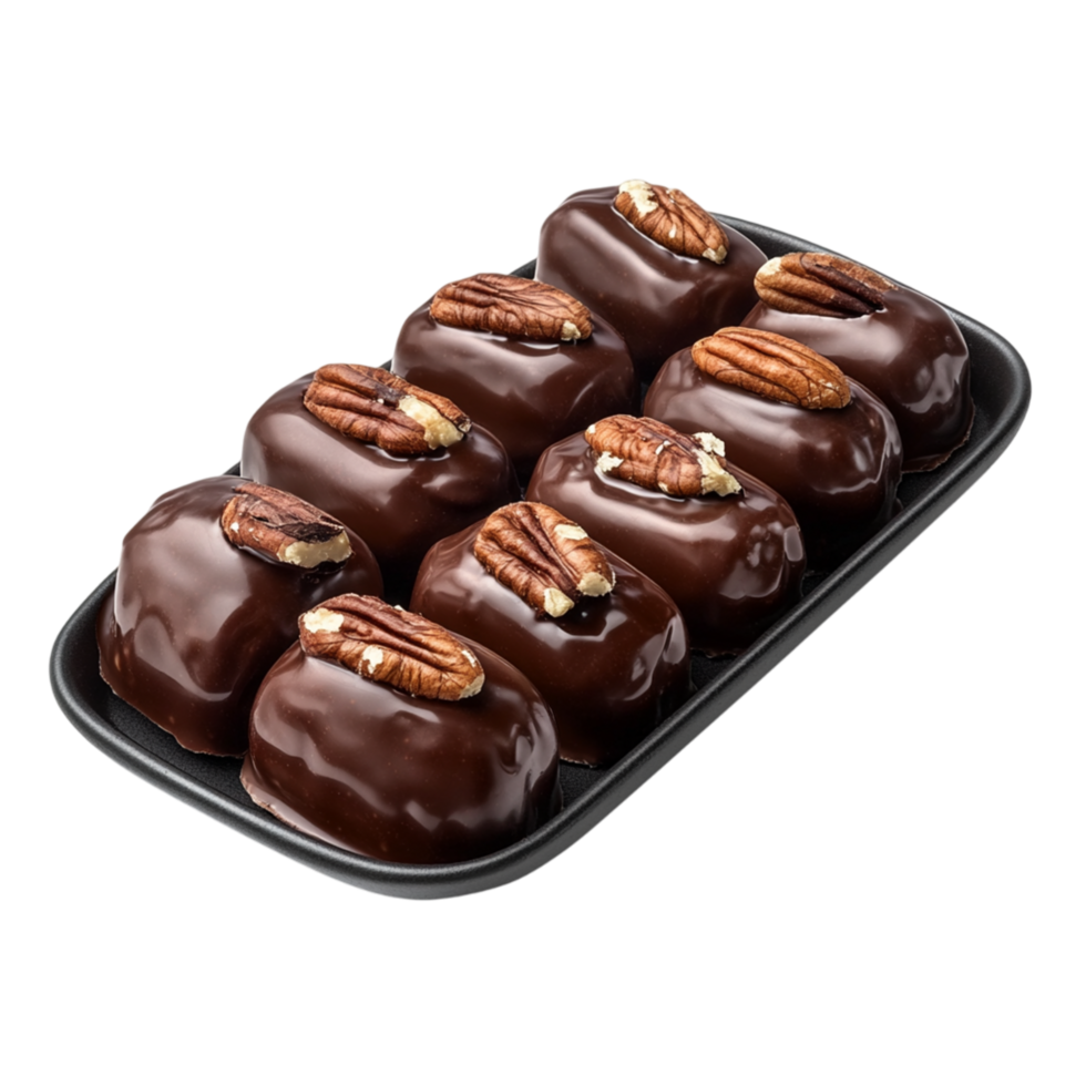 Chocolate-Covered Dates on a Wooden Tray png