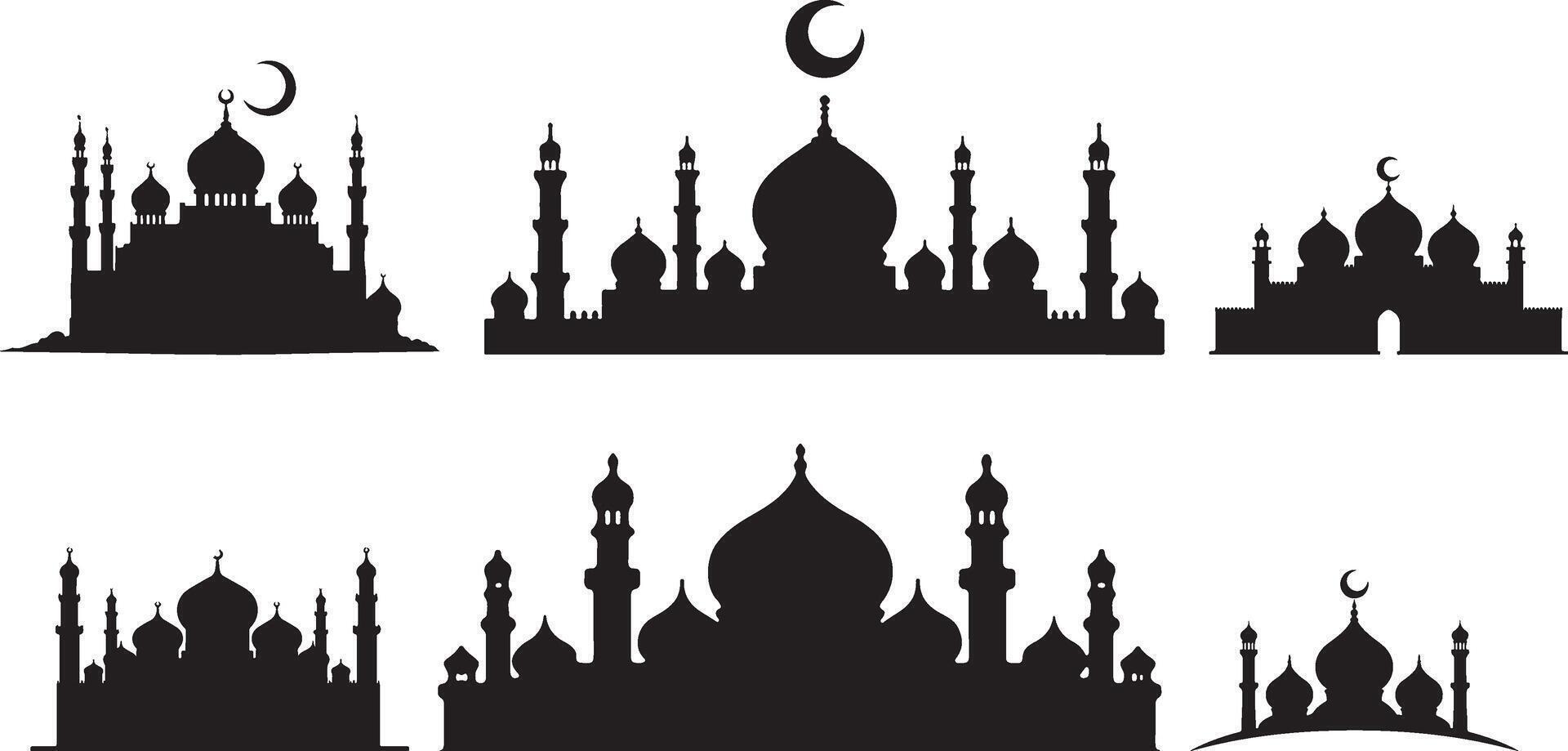 Islamic Mosque Silhouettes with Minarets and Crescent Moon vector