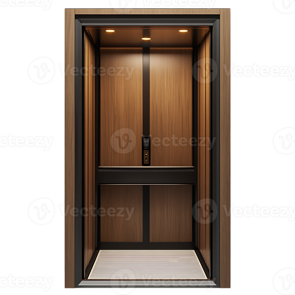 An open elevator with wood paneling and black trim png