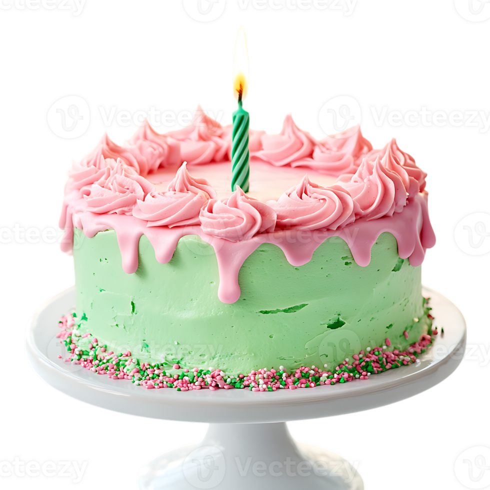 A birthday cake with pink icing and a green candle png