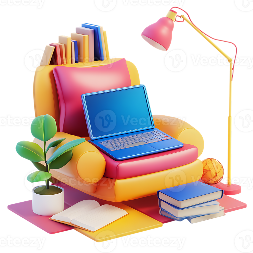 A colorful chair with a laptop and books png