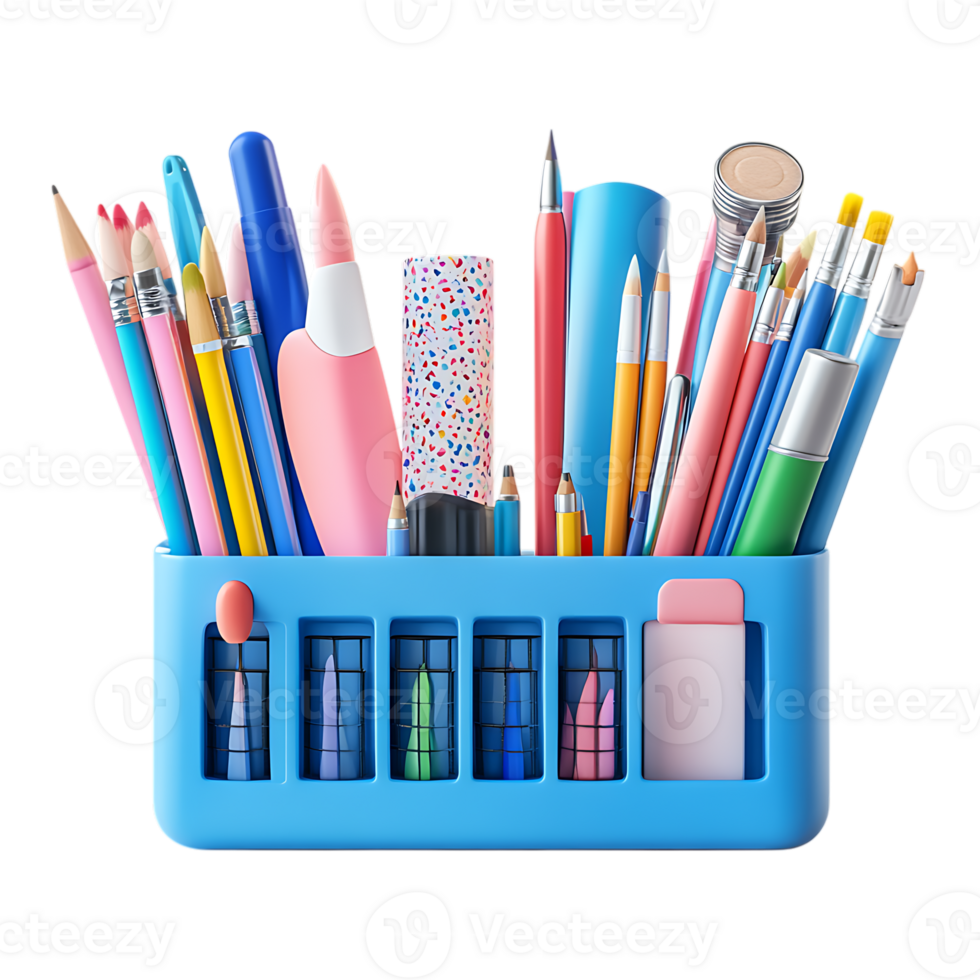 A blue container with a variety of different colored pens and pencils png