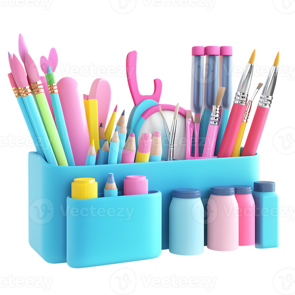 A blue box with many different colored pens and brushes png