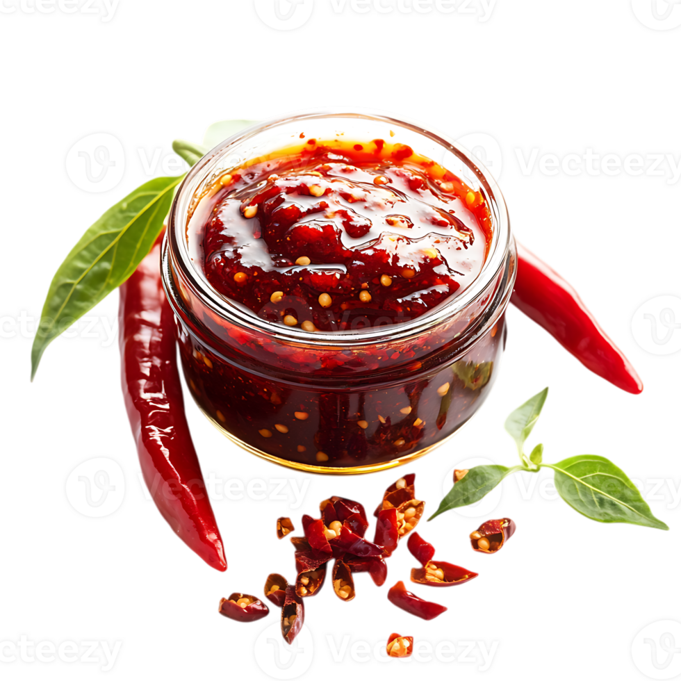 A jar of chili sauce with chili peppers and leaves png