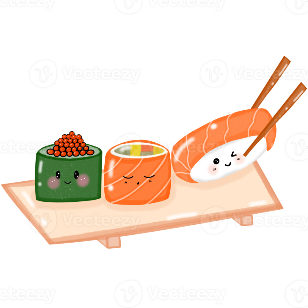 Hand drawn illustration set of sushi and sushi geta png