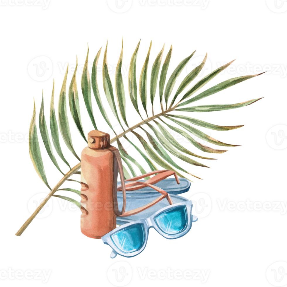 Mirror sunglasses, bottle of water, flip-flops and palm branch. Isolated watercolor illustration of summer vacation attributes for beach goods design, t-shirt printing, postcards. png