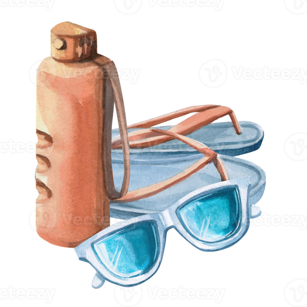 Mirror sunglasses, water bottle and flip flops. Isolated watercolor illustration of summer holiday attributes for beach goods design, t-shirt printing, postcards png