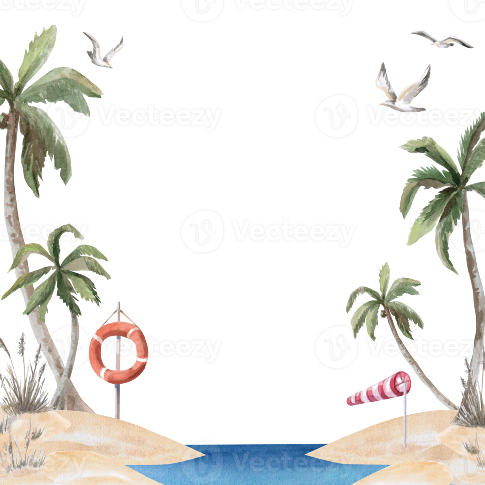 Square frame with palm trees, lifebuoy, flags, palm tree, seagull. Isolated watercolor illustration on the theme of beach holidays for the design of tourist brochures,menus of coastal restaurants. png