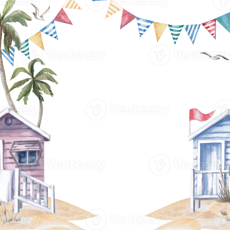Square frame with beach houses, holiday flags, palm tree, seagull. Isolated watercolor illustration on the theme of beach holidays for the design of tourist brochures, menus of coastal restaurants. png