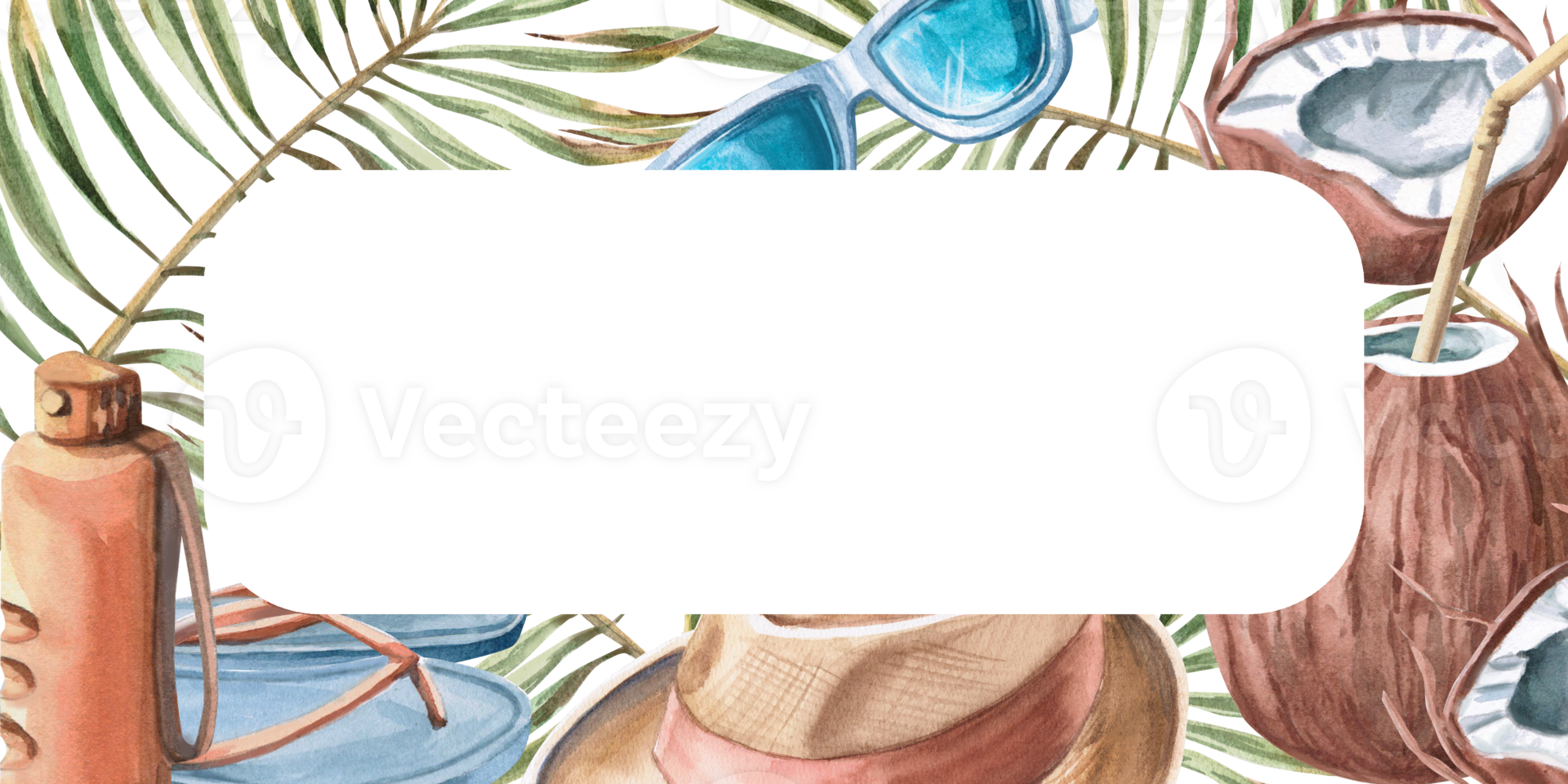 Rectangular frame with coconuts, glasses and palm branch. Isolated watercolor illustration on the theme of rest for the design of tourist brochures, postcards, menus of coastal restaurants png
