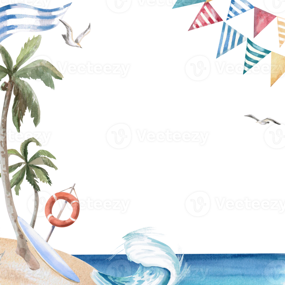 Square frame with seashore, palm tree and wave. Isolated watercolor illustration on the theme of beach holidays for design of tourist brochures, postcards, menu of coastal restaurants. png