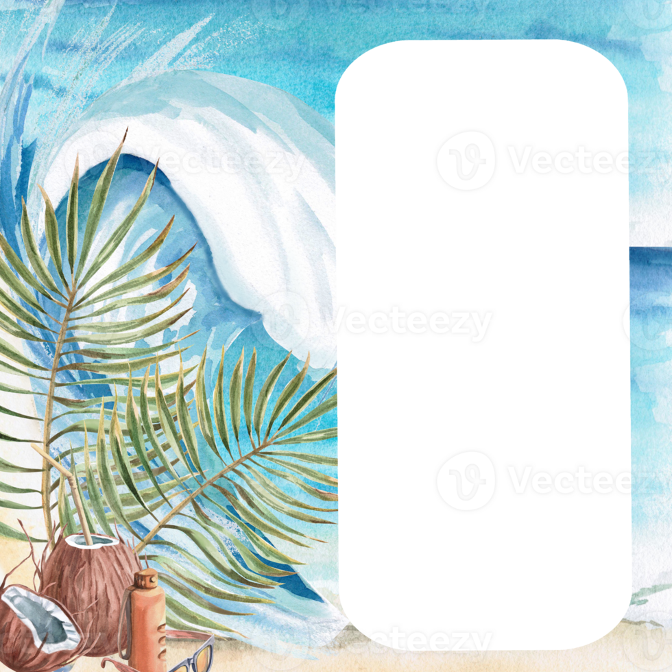 Square frame with wave, coconuts and palm branch. Isolated watercolor illustration on the theme of rest for design of tourist brochures, postcards, menu of coastal restaurants. png