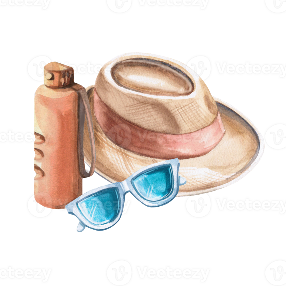Straw hat, sunglasses and water bottle. Isolated watercolor illustration of summer vacation attributes for beach goods design, t-shirt printing, postcards. png