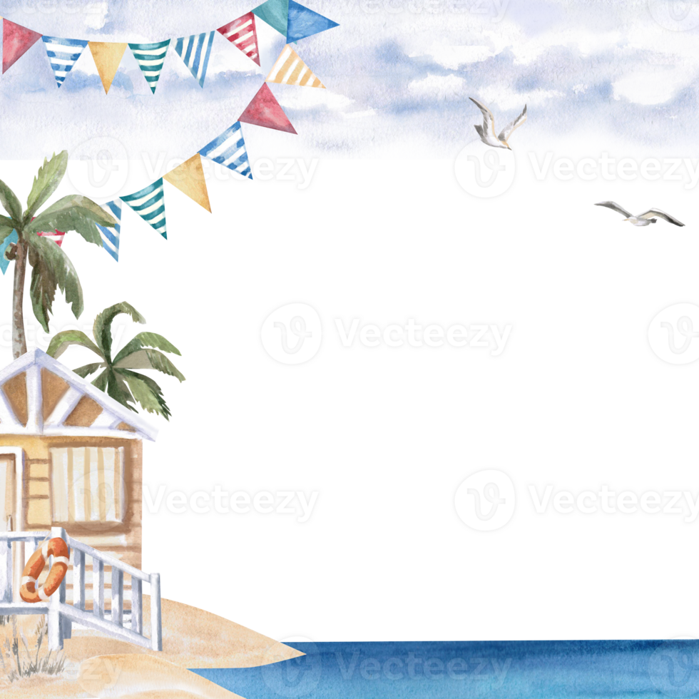 Square frame with beach house on the shore, palm tree, seagull. Isolated watercolor illustration on the theme of beach holidays for the design of tourist brochures, menus of coastal restaurants png