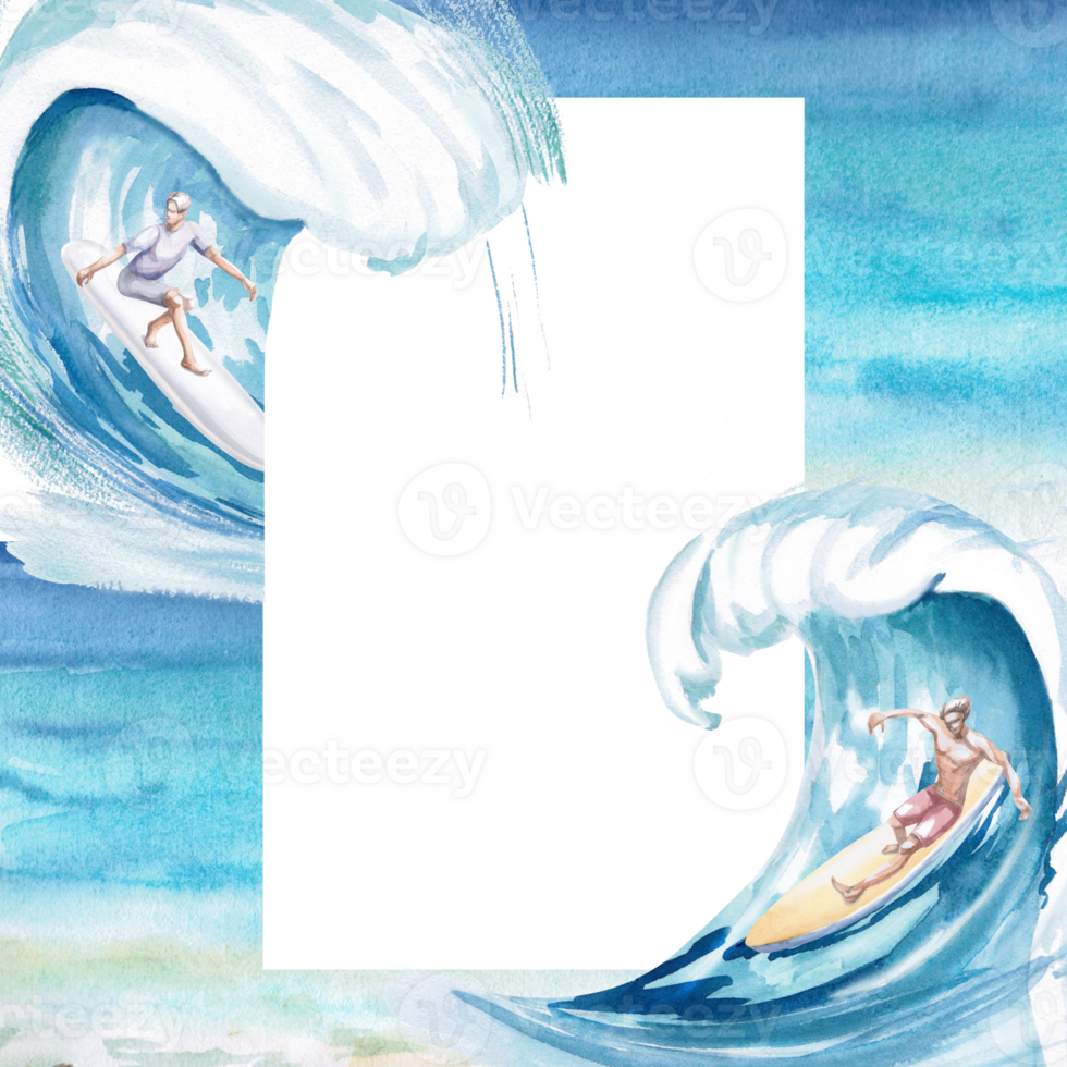 Square frame with waves and surfers. Isolated watercolor illustration on the theme of sea sports for the design of tourist brochures, postcards, menus of coastal restaurants png