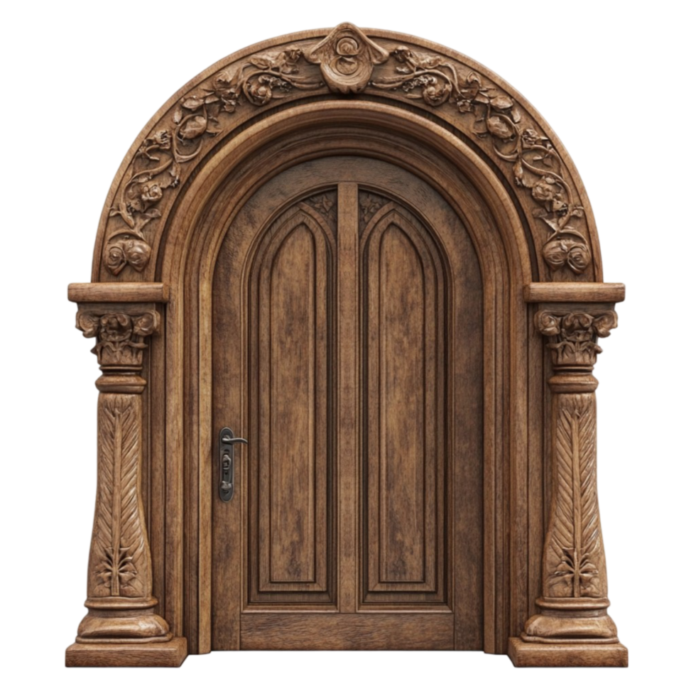 Grand Wooden Double Door with Ornate Arch on Transparent Background png