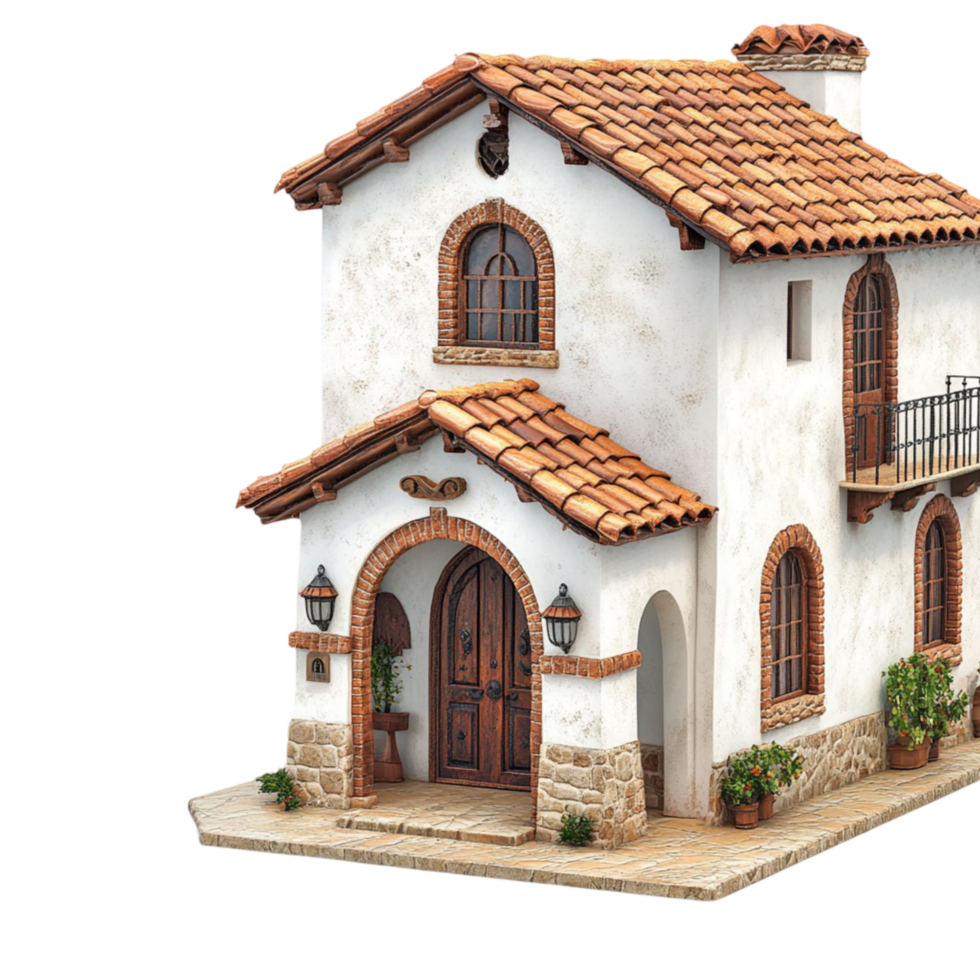 Small Mediterranean-Style House with Arched Door on Transparent Background png