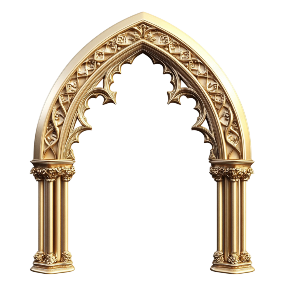 Gothic Golden Arch Window Frame on Transparent Background png