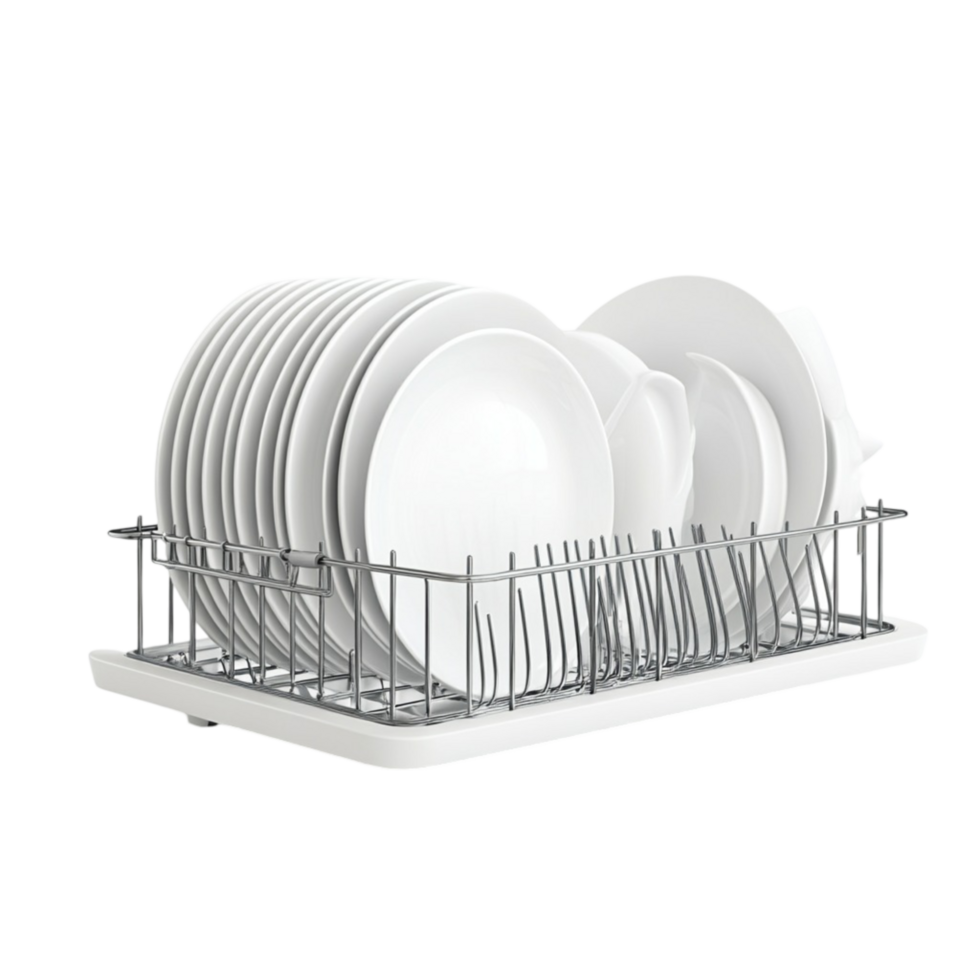 Neatly Stacked White Dishes in a Metal Rack on Transparent Background png