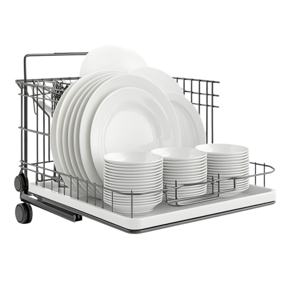 Dish Rack with Clean White Plates on Transparent Background png