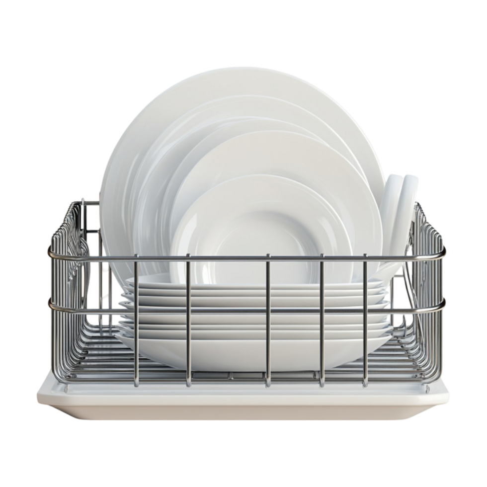 Neatly Arranged Dish Rack with White Plates on Transparent Background png